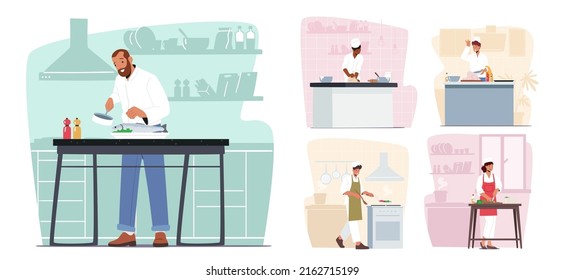 Set of Male and Female Characters Professional Cooking. Men and Women in Toque and Apron Prepare Dinner on Kitchen, Cutting Vegetables, Cook Fish or Chicken. Cartoon People Vector Illustration