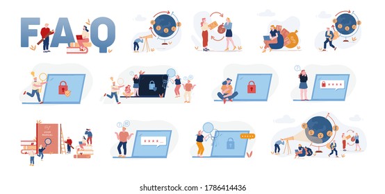 Set of Male and Female Characters Read FAQ Information, Currency Exchange, Trading. People Lose Password for Internet Account or Computer Access, Using User Manual Book. Linear Vector Illustration