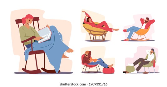 Relájese en casa con cómodos sillones o sillas, descanso después del trabajo o fin de semana en la sala de estar. Diseño Del Mobiliario, Relajante. Ilustración de vectores de personas de caricatura