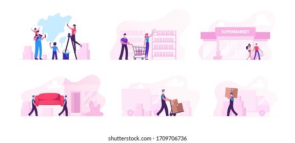 Set Of Male And Female Characters Relocation Into New House, Home Renovation And Family Shopping During Covid19 Pandemic And Coronavirus Quarantine Self Isolation. Cartoon People Vector Illustration