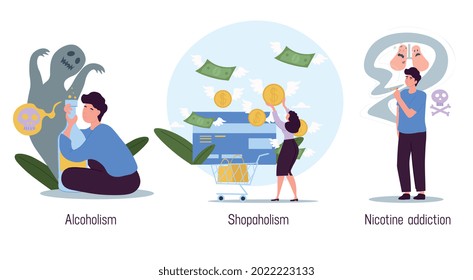 Set of male and female characters in scenes of bad habits on white background. People smoking cigarettes, drinking alcohol, overspending money. Flat cartoon vector illustration