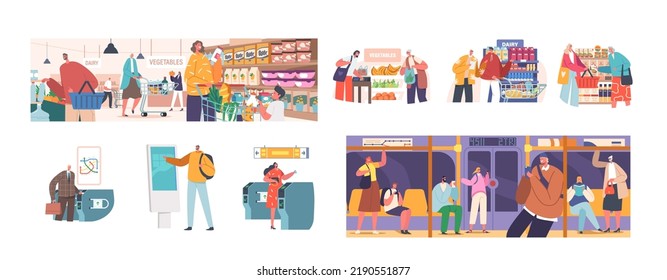 Set of Male and Female Characters Social Communications. Men and Women Buying Food in Supermarket, Use Metro Transportation, Young and Old People City Dwellers Lifestyle. Cartoon Vector Illustration