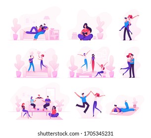 Set of Male and Female Characters Spending Time during Quarantine Covid 19 Self Isolation Staying at Home. Friends Eating Food, Couples Meeting, Fooling or Have Fun. Cartoon Vector People Illustration