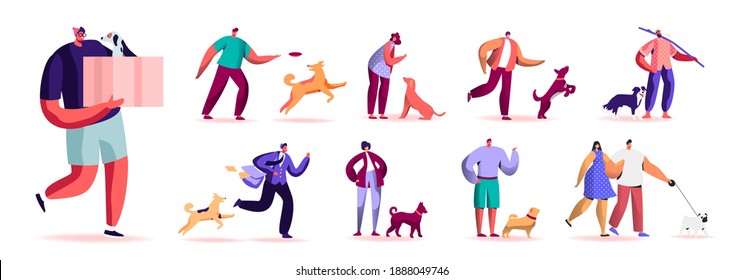 Set of Male and Female Characters Spending Time with Pets Outdoors. Men and Women Walking and Playing with Dogs, Relaxing, Care of Animals. Isolated on White Background. Cartoon People Illustration