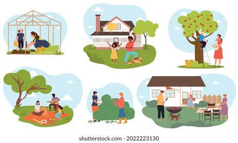 Set of male and female characters spending time at summer cottage together. Collection of man, woman, children picking harvest, relaxing, planting together outdoors. Flat cartoon vector illustration