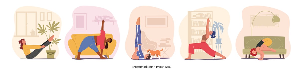 Set of Male and Female Characters Sport Activities. People Doing Sports Training, Stretching Exercise, Fitness Workout in Different Poses. Healthy Lifestyle, Leisure. Cartoon Vector Illustration