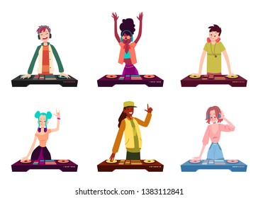 Set Of Male And Female Characters Standing At DJ Turntable Cartoon Style, Vector Illustration Isolated On White Background. People Spins Mixing Deck And Play Music On DJ Console