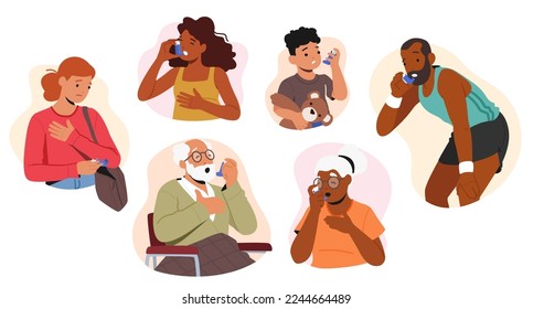 Set of Male and Female Characters Suffer of Asthma Symptoms, Adults, Seniors and Kids Use Inhaler. Respiratory Disease, Health Care Medical Concept, Chronic Illness. Cartoon People Vector Illustration