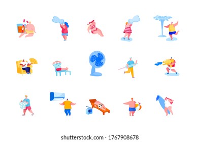 Set of Male and Female Characters Summertime Leisure and Fun. People Drinking Cocktail, Playing with Water and Suffering of Summer Heat, Surfing Recreation, Beach Relax. Cartoon Vector Illustration