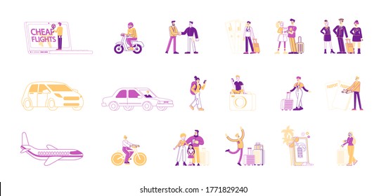 Set of Male and Female Characters Travel. People Booking Tickets for Cheap Flight Online, Hiking with Backpack and Gps Navigator, Tourists Flying on Airplane, Riding Bike. Linear Vector Illustration