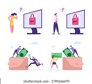 Set of Male and Female Characters Trying to Remember Password from Computer Account. Tiny Business People Bringing Money in Huge Wallet. Cash, Income, Verification Problem. Cartoon Vector Illustration