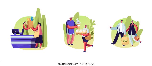 Set Male and Female Characters Use Eco Packing for Shopping. People Stand in Queue with Reusable Packaging in Hands Visiting Open Air Store. Happy of Purchases and Bought. Cartoon Vector Illustration