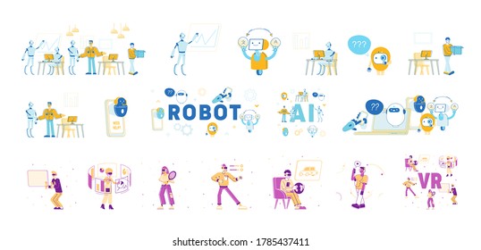 Set of Male and Female Characters Using Vr, Artificial Intelligence and Augmented Reality Technologies. Human and Robots Cooperation, Smart Cyborgs Work in Office. Linear People Vector Illustration