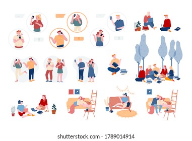 Set of Male and Female Characters Using Gadgets, Men and Women Students Reading Books Prepare for Examinations. Loving Couple Spend Time Relaxing at Home, Hugging. Linear People Vector Illustration