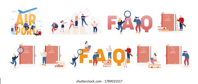 Set of Male and Female Characters Using User Manual, People in Airport Waiting Boarding on Airplane. Men and Women with Magnifying Glass Read FAQ Information, Investing. Linear Vector Illustration