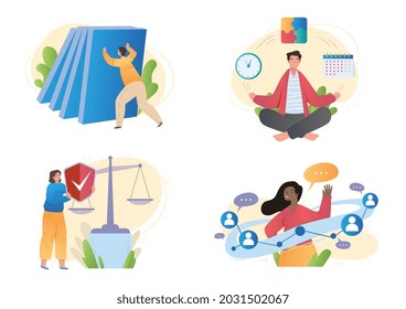 Set of male and female characters using their best personal qualities on white background. People having resilience, accountability and discipline, flexibility. Flat cartoon vector illustration