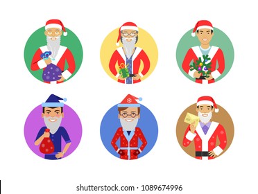 Set of male and female characters of various ethnicity, age, smiling and wearing Santa costume with fake beard