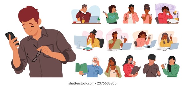 Set of Male and Female Characters With Vision Problems Experience Blurred Vision, Difficulty Focusing, Or Reduced Eyesight. Young and Old People with Tired or Sick Eyes. Cartoon Vector Illustration