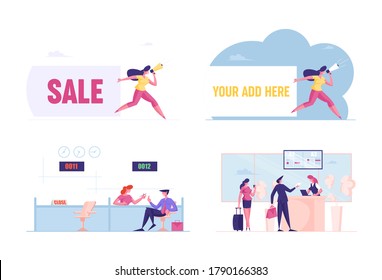 Set Male Female Characters Visit Bank. People Communicate with Banking Operator, Stand in Queue in Airport for Boarding, Woman with Sale Banner Announce Advertising Offer. Cartoon Vector Illustration
