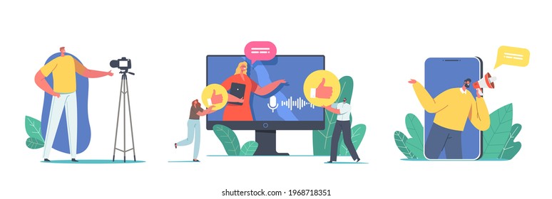 Set of Male and Female Characters Vloggers Recording Video Vlog, Internet Live Stream, Broadcasting in Social Networks for Followers Isolated on White Background. Cartoon People Vector Illustration - Shutterstock ID 1968718351