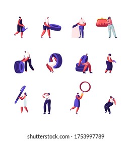 Set of Male and Female Characters Watering Plants with Can, Reuse Old Tires and Collecting Garbage in Sack. Woman with Huge Quill Pen Girl Look in Mirror, Magnifier. Cartoon People Vector Illustration