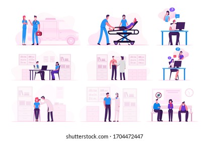 Set Male and Female Characters Wearing Medical Masks Visiting Hospital during Covid19 Pandemic. Global Epidemic of Coronavirus Infection, Quarantine, Self Isolation. Cartoon Vector People Illustration