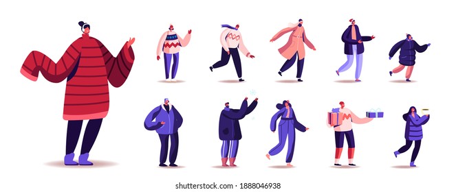 Set of Male and Female Characters Wearing Warm Clothes. Young People in Woolen Knitted Handmade Pullover, Scarves and Hats. Fashion for Cold Winter Weather Outdoor Walking. Cartoon Illustration