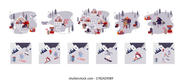 Set of Male and Female Characters Winter Fun and Recreation. People Visiting Christmas Market for Buying Gifts or Presents for Family. Sportsmen Skiing in Mountains Resort. Cartoon Vector Illustration