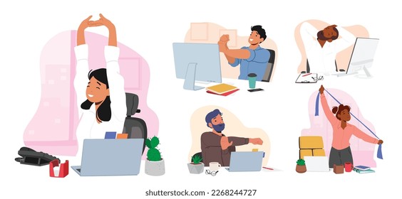 Set of Male and Female Characters Workout In Office Utilizing Exercise Equipment. Concept of Healthy Habits In Workplace, Physical Fitness During Work Breaks. Cartoon People Vector Illustration