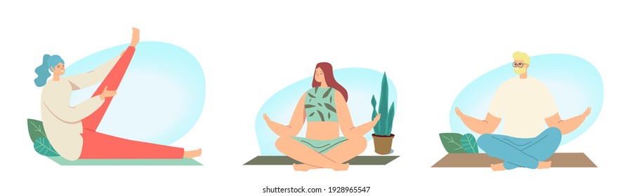 Set of Male and Female Characters Yoga, Sport Activities and Meditation. People Doing Sports, Exercise, Fitness, Workout in Different Poses, Stretching, Healthy Lifestyle. Cartoon Vector Illustration