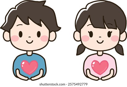Set of male and female children with hearts floating above their hands