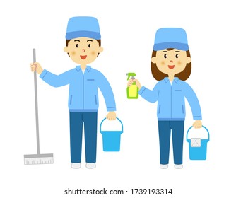 A set of male and female cleaning staff. White background vector data.