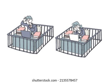 A set of male and female company slaves in a cage, a comical handwritten person vector, and simple coloring of line drawings.