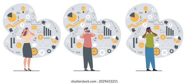 Set Of Male And Female Confused Characters In Business Mess And Information Data Chaos On White Background. Lack Of Solutions And Future Plans For Development. Flat Cartoon Vector Illustration