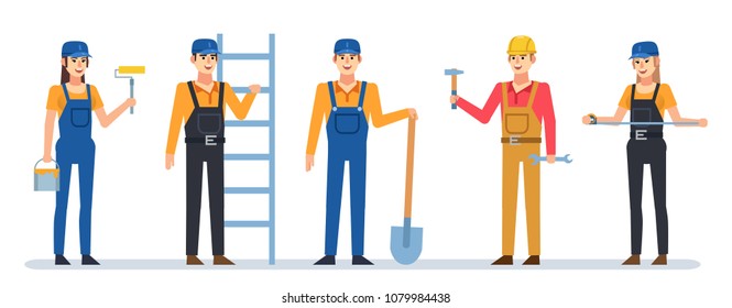 Set of male and female construction workers. Construction team. Flat design vector illustration