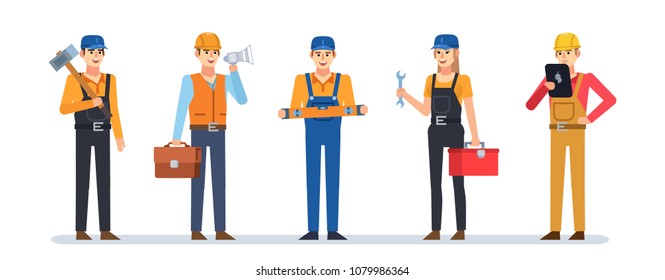 Set of male and female construction workers. Construction team. Flat design vector illustration
