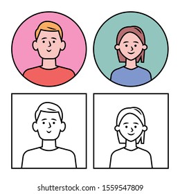 Set of male and female cute, positive avatar icon. Isolated, lined vector illustration. Happy faces of woman and man. Web page profile design element.