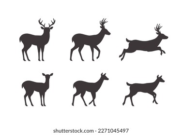 Set of male and female deer silhouettes in different poses, flat vector illustration isolated on white background. Reindeer running and jumping, black and white icon.