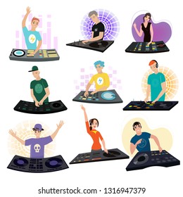 Set of male and female DJ characters with headphone on club party isolated on white