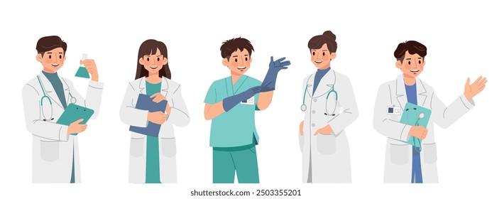 Conjunto de médicos hombres y mujeres con cara amable y buena acción. Caracteres de estilo Vector plano. Campo de la salud. 