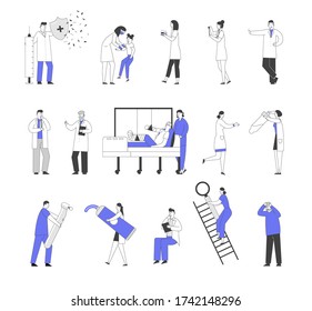 Set of Male and Female Doctors and Patients Characters in Hospital, Vaccination and Concilium, Injured Man in Clinic Chamber. Nurse with Test Tube Dentist with Drill. Linear People Vector Illustration