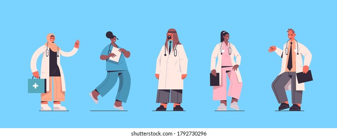 set male female doctors in uniform mix race medical workers collection healthcare medicine concept horizontal full length vector illustration