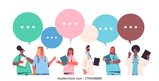 set male female doctors in uniform with chat bubbles communication healthcare medicine concept mix race medical workers collection horizontal portrait vector illustration