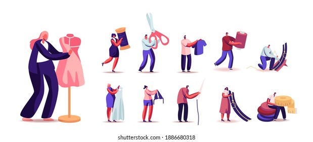 Set männliche und weibliche Dressmaker Zeichen erstellen Outfit und Bekleidung. Männer und Frauen, die in kreativen Ateliers, Textilhandwerksbetrieben einzeln auf weißem Hintergrund arbeiten. Cartoon People Illustration