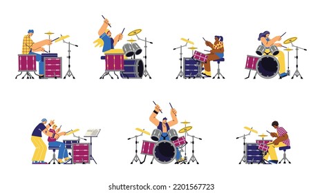 Set of male and female drummer characters flat style, vector illustration isolated on white background. Different sides of view, people playing and teaching, musical instrument