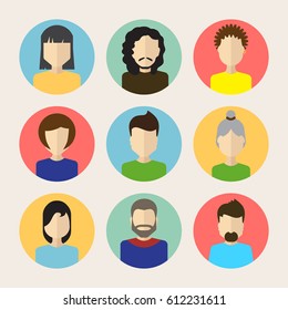 Set of Male And Female Faces Avatars or People Icon Collection. Human Persons in Flat Style for Profile, Business, Internet, Social Network, Community