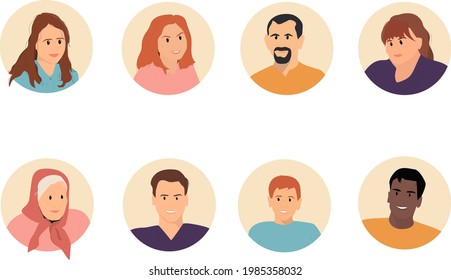 Set of male and female faces in cartoon style. Men and women portraits. Characters collection. Vector illustration.