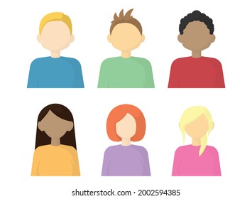 Set male and female faces icon with different skin color and hair style. vector flat design isolated on white background.