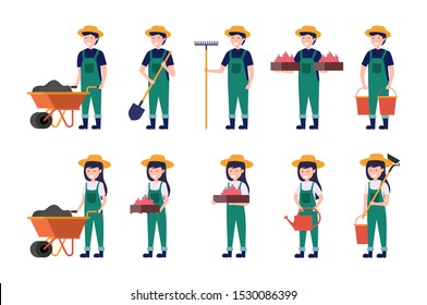 set of male and female farmer working with farming tools vector illustration