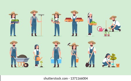 set male female farmers holding different farming equipment harvesting planting vegetables agricultural workers collection eco farming concept flat full length horizontal